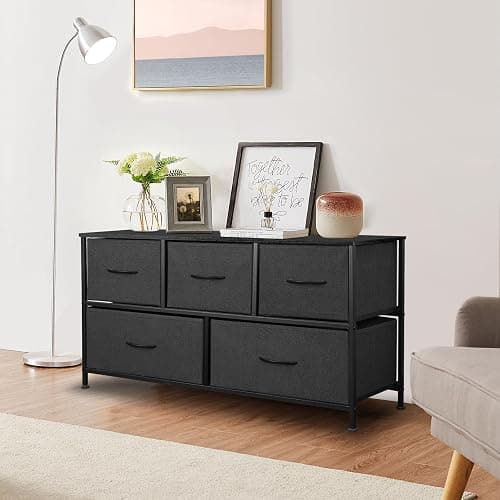 Sonharlar Dresser for Bedroom with 5 Drawers, Chest of Drawers, Storage Drawers Organizer Unit, Black Wide Fabric Dresser with Fabric Bins for Closet, Living Room, Bedroom (Charcoal Black) thumbnail 2