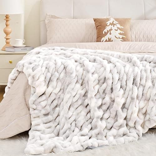 Touchat Ruched Faux Rabbit Fur Throw Blanket, 700 GSM Luxury Dual-Sided Soft Cozy Blanket, Fuzzy Fluffy Plush Blanket for Bed, Couch and Sofa - 50"x60", Tie-dye Gray thumbnail 5