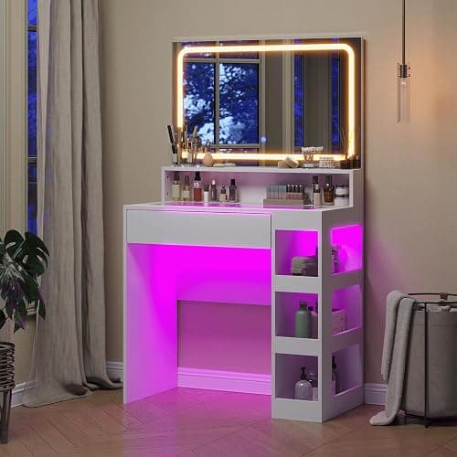HuaYing Makeup Vanity Desk with Mirror and Lights, LED Tempered Glass Top, 3 Lighting Modes Brightness Adjustable,Power Outlet,Bedroom Dressing Table, Snow White thumbnail 8