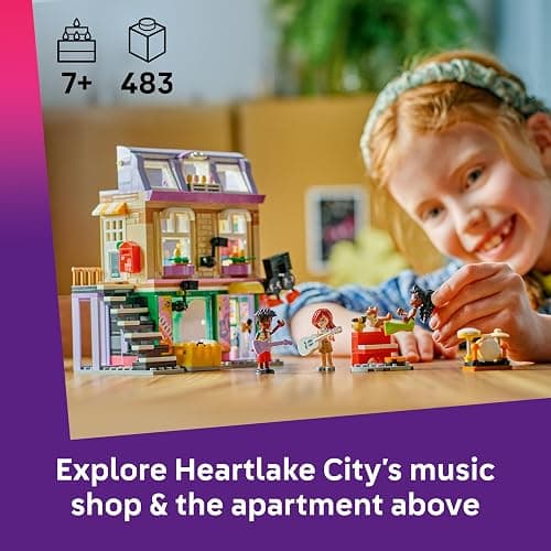 LEGO Friends Music Shop & Apartment Toy with 3 Mini Dolls, a Pet Corgi Animal Figure & Musical Instruments incl. a Piano, Drum Kit, Guitars & Accessories - Gift for 7+ Year Old Girls - 42653 thumbnail 4