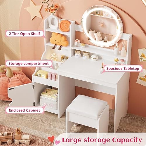 Vabches Kids Vanity with Lights, Toddler Vanity Table and Chair Set | Princess Makeup Vanity Desk with Open Bookshelf, Storage Cabinet & Shelves, Pretend Play Vanity Set for Little Girls, White thumbnail 6