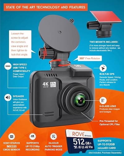 Rove R2-4K Dash Cam Built in WiFi GPS Car Dashboard Camera Recorder with UHD 2160P, 2.4" LCD, 150° Wide Angle, WDR, Night Vision | Super Night Vision, 150° Wide Angle, 2.4in Screen, 24-Hr Parking Mode, Supports 512GB Max, Dash Camera for Cars Trucks thumbnail 3