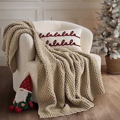 EVERGRACEHOME Chunky Chenille Knit Throw Blanket for Couch, Soft Luxurious Moss Stitch Blankets for Bed, Cozy Decorative Farmhouse Knitted Throws for Sofa, Sand Dune, 50" x 60" - Image 1
