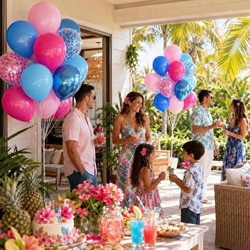 Pink and Blue Summer Balloons, 12 Inch Hot Light Pink Metallic Dark Blue Latex Balloons with Confetti Balloon for Tropical Hawaiian Gender Reveal Cartoon Birthday Pool Baby Shower Party Decorations thumbnail 6