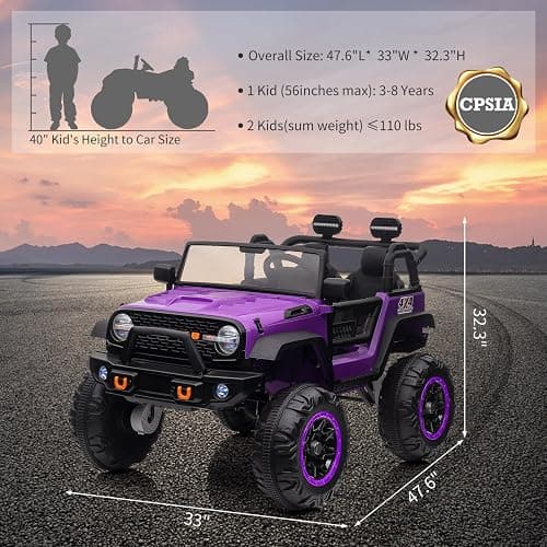 24V Ride on Car Toys, Remote Control 4 Wheels Electric Power Car for Toddlers Kids Boys Girls, 2 Seater Motorized Ride on Cars Vehicle, Purple thumbnail 2