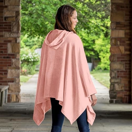 MV Sport Women's Sweatshirt Blanket Poncho Hoodie/Cozy Fleece Pullover Ponchos/Warm Hooded Cape for Women - One Size - Cameo Pink thumbnail 6