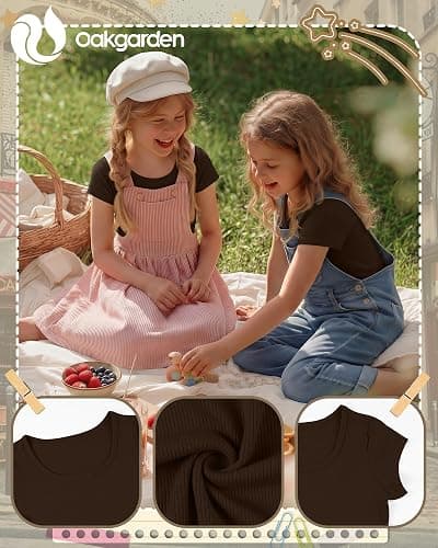 Oakgarden Girls Cap Sleeve T-Shirts Kids Ribbed Knit U-Neck Tops Fitted Short Sleeve Shirts Cute Summer Basic Tees 5-14 Years thumbnail 5