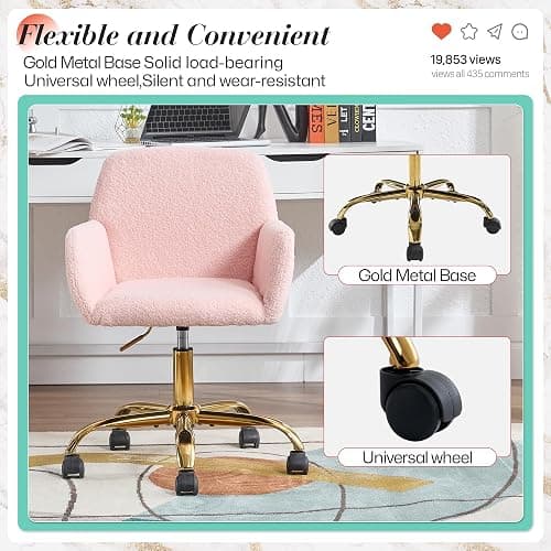 Homedraft Faux Fur 360°Swivel Desk Chair, Height Adjustable Home Office Armchair with Gold Base for Teens Women Girls, Upholstery Computer Chair for Home Studios, Sherpa & Light Pink thumbnail 5