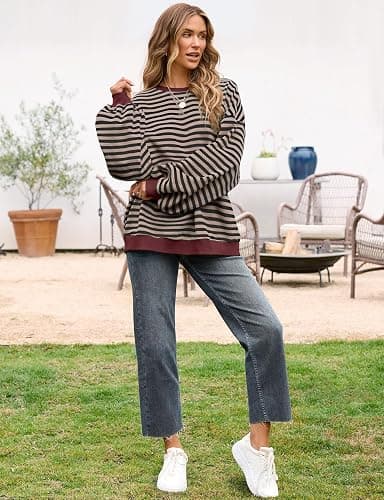 UEU Women Oversized Striped Crewneck Sweatshirt Long Sleeve Color Block Pullover Tops Casual Loose Workout Shirt thumbnail 4