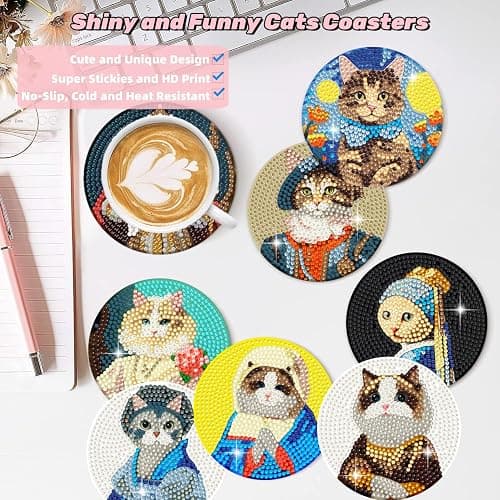 Puraikcmi 8PCs Diamond Paintings Coasters Kits Set, Funny Cat Diamond Art Coasters with Holder, DIY Crafts Diamond Art Kits Adult Craft Diamond Dots Gift thumbnail 2