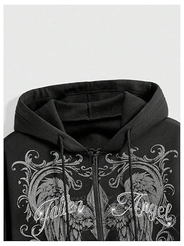 BEAUDRM Women's Gothic Graphic Zip Up Halloween Hoodies Y2k Rhinestones Drawstring Baggy Hooded Sweatshirts Jackets thumbnail 3