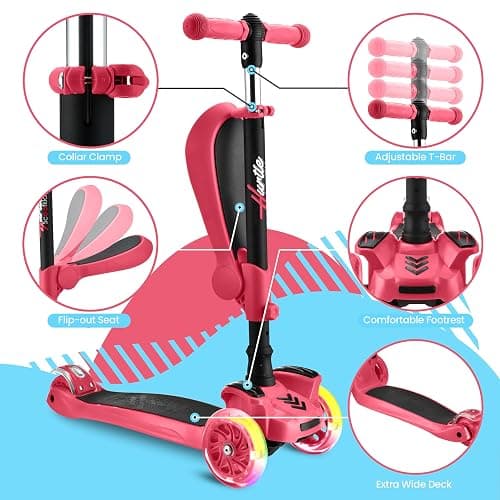 Hurtle 3-Wheeled Scooter for Kids - Wheel LED Lights, Adjustable Lean-to-Steer Handlebar, and Foldable Seat - Sit or Stand Ride with Brake for Boys and Girls Ages 1-14 Years Old thumbnail 4