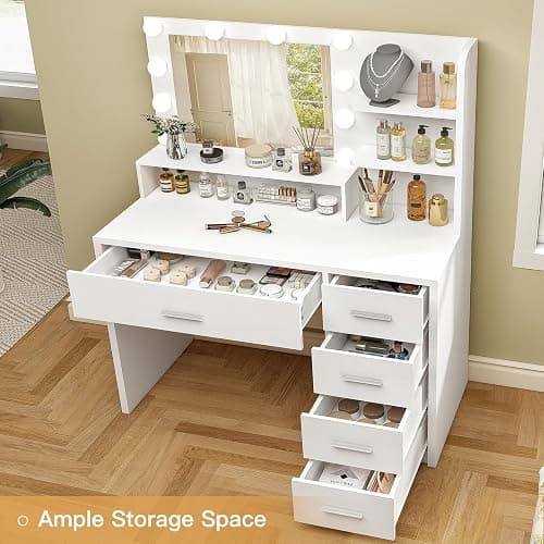Quimoo Vanity Desk with Mirror & Lights, Makeup Vanity with 5 Drawers & Storage Shelves, White Vanity Table, 3 Color Modes & Adjustable Brightness, Dressing Table, Bedroom thumbnail 3