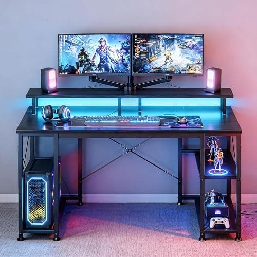 ODK 48 inch Gaming Desk with LED Lights & Power Outlets, Computer Desk with Monitor Stand & Storage Shelves, CPU Stand, Home Office Desk, Black thumbnail 8