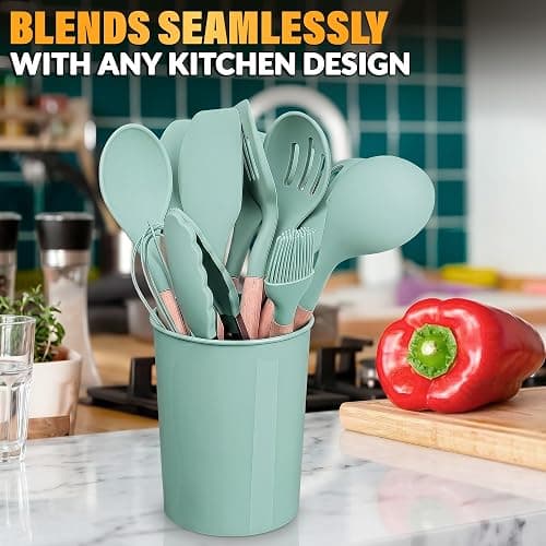12 Pcs Kitchen Accessories Set with Holder, Silicone Heads (Light Green) | Kitchen Utensils Set for Cooking and Baking; Wooden Handles; Heat-Resistant up to 446°F; Non-Scratch for Nonstick Pans thumbnail 8