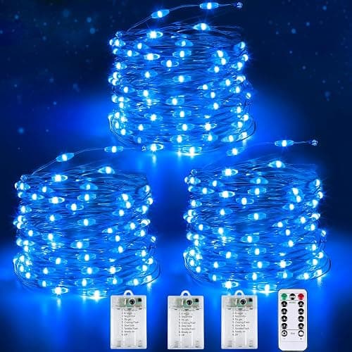 3 Pack Fairy Lights Battery Operated with Remote Control Timer, 26 FT 80 LED String Lights Outdoor Indoor Decoration, 8 Modes Twinkle Lights for Christmas Party Wedding Birthday Bedroom Décor (Blue) - Image 1