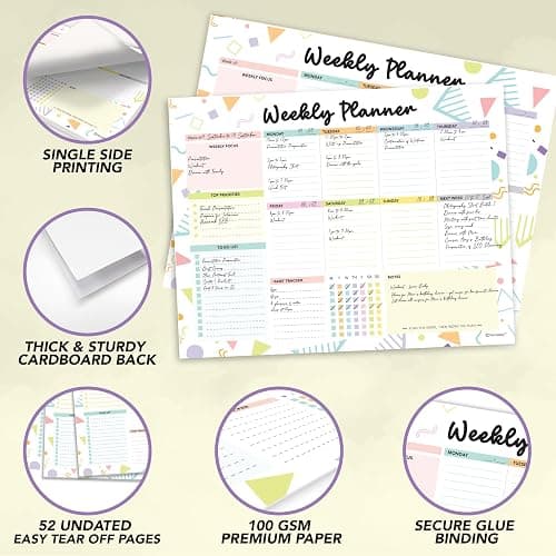 Decorably 52 Sheets Colorful Pastel Undated Weekly Planner Tear Off Pad | Weekly Planner Notepad with 8 Write-In Blocks - 11x8.5in, Week at a Glance Pad, Weekly Calendar, Glue-Bound, Tear Off Design thumbnail 4