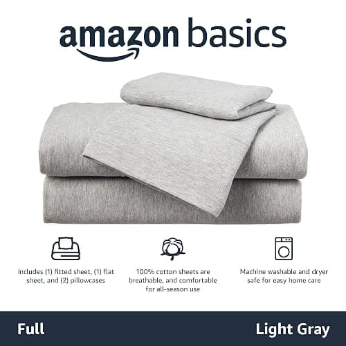 Amazon Basics 4 Piece Bed Sheet Set, 100% Cotton Jersey, Includes Super Soft, Flat and Fitted Sheets, Pillowcase, Full, Light Gray, Solid thumbnail 3