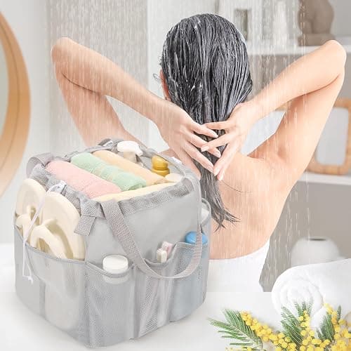 famichan Mesh Shower Caddy Portable with Drawstring, Dorm Room Essentials for College Students, Grey Shower Bag for Camping,Swimming,Gym,Travel,Bathroom thumbnail 7