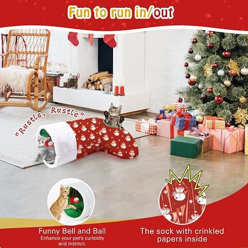 Pawaboo Cat Tunnel Christmas Sock with Bell Balls, Upgraded 2 Way Cat Tunnel Interactive Toy, Pet Xmas Stocking with Crinkle Paper & Strong Spring-Steel Frame for Cat Kitten Kitty, Red Snowman thumbnail 3