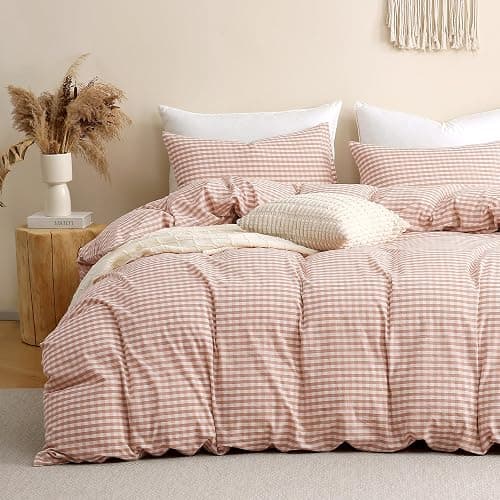 TOCOMOA Pink Tan Gingham Duvet Cover Bedding Set 100% Washed Cotton Like Linen Feel Super Soft Comfy 2 Piece Vintage Plaid Checkered Fall Comforter Cover Set (Twin 68"x90", Comforter Not Included) - Image 1