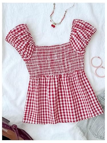 SOLY HUX Girl's Gingham Tops Y2K Cute Blouse Summer Sweetheart Neck Shirts Aesthetic Clothes thumbnail 3
