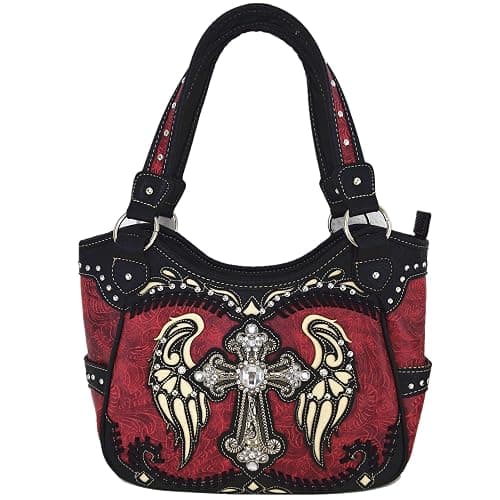 Western Style Rhinestone Cross Studded Laser Cut Wings Tooled Leather Purse Women Handbags Country Shoulder Bag Wallet Set thumbnail 2