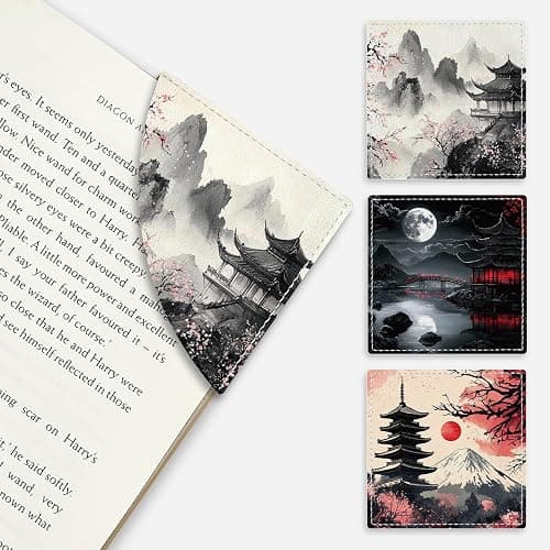 Japanese Landscape Corner Bookmarks, Anime Leather Book Accessories for Book Lovers, 3 Pcs Reading Book Page Markers for Women Men Student Teacher Retirement Birthday Gifts - Image 1