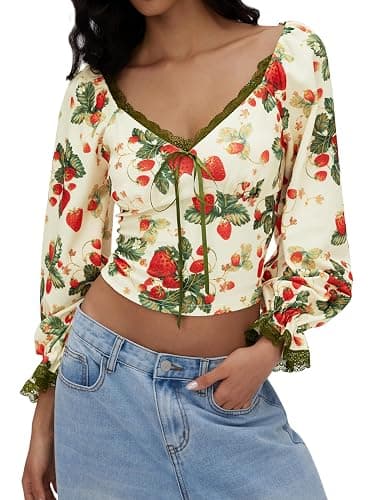 CIDER Women's Cute Crop Tops Strawberry Long Sleeve Tops Lace Trim V Neck Shirts Casual Spring Fall Outfits Y2K thumbnail 4