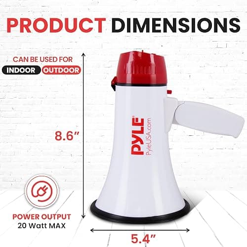 Pyle 20W Megaphone Bullhorn - 5.4'' x 8.6'' Portable Megaphone, Projection Range Up to 1100 Sq. Yards, Voice Talking & Siren Alert, Shoulder Strap, Battery Operated, (White) thumbnail 2