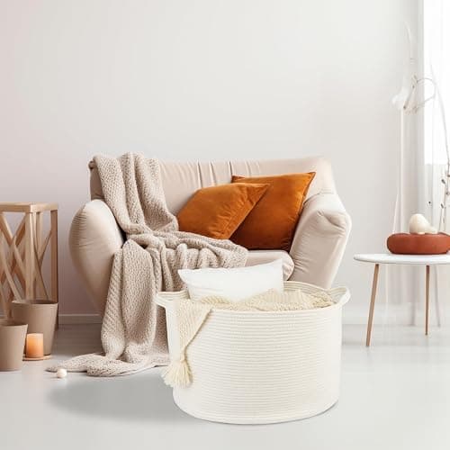 XUANGUO Large Cotton Rope Basket Blankets Basket Living Room 22"x14" Toy Basket for Kids and Dogs Rope Storage Basket for Nursery Woven Laundry Basket for Clothes Towels Baby Toy Storage round white thumbnail 4