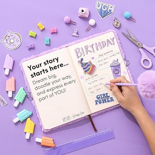 Happy LolliME Purple DIY Journal Kit for Girls – 300+ Pieces! Lockable Fuzzy Diary, Markers, Stickers & Empowering Pages – Gift Box for Tweens & Teens – Creative Journaling Set thumbnail 2