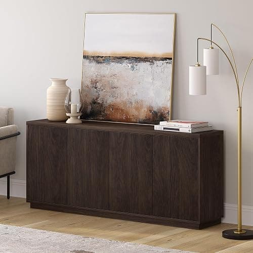 Henn&Hart 68" Fluted Sideboard Buffet Cabinet, Modern Ribbed Wooden Credenza with 4 Doors, Adjustable Shelves, and Cable Management Cut-Outs for Dining Room, Living Room or Entryway, Warm Brown thumbnail 5