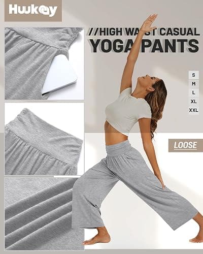 Huukeay 3 Pack Wide Leg Cropped Pants for Women, High Waist Lounge Yoga Pants Loose Casual Palazzo Capri Trouser with Pockets thumbnail 4