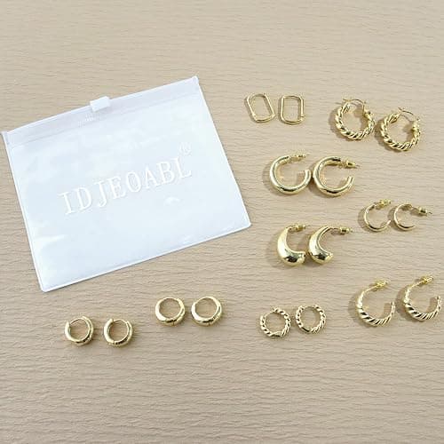 IDJEOABL 9 Pairs Gold/Sterling Silver/Rose Gold Plated Hoop Earrings Set for Women Trendy Chunky Gold Hoops 14K Real Gold Plated Small Huggie Earrings for Sensitive Ears Non Tarnish Gifts Jewelry thumbnail 6