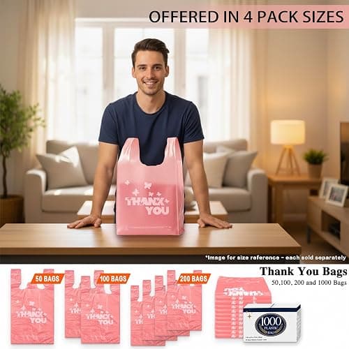 PINK Thank you bags, 100PCS T shirt bags, To Go Bags,Grocery bags, Reusable and Disposable,Perfect for Small Business,Take Out,Retails,11 inchx6 inchx21 inch(100),Large thumbnail 2