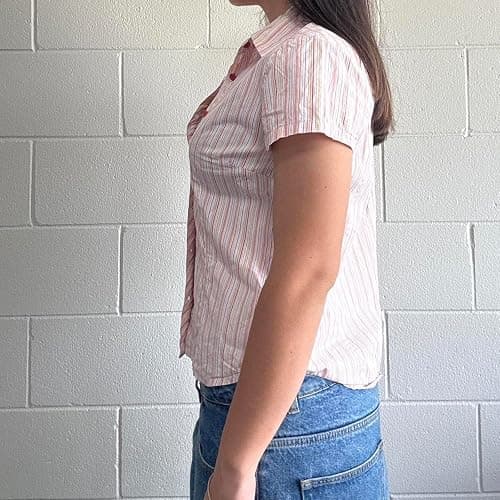 Qiicvs Womens Button Down Shirts Y2k Striped Short Sleeve Tight Blouse Casual V Neck Aesthetics Clothes thumbnail 2