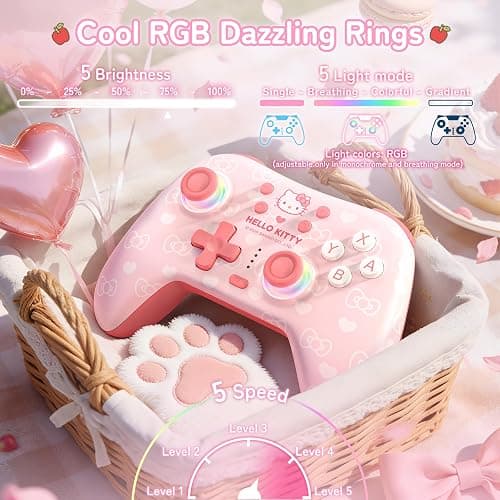 Kuitmor Pink Switch Controller,Hello Kitty Hall Effect Controllers Wireless for Switch 2/1/OLED/Lite,PC,Android,iOS | Bluetooth + Wired,1000mAh Battery,6-Axis Gyro,Dual Vibration,RGB Breathing Light thumbnail 4