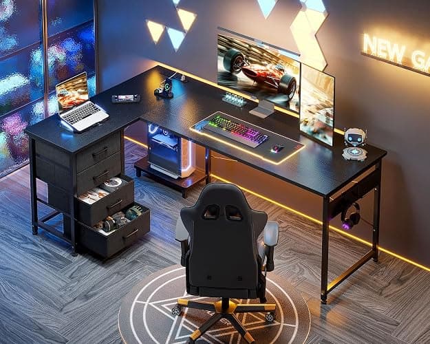 AODK L Shaped Gaming Desk with 4 Drawers, 61" Reversible Home Office Desks with Power Outlets, L Shaped Computer Desk with USB Charging Port and Host Stand, Corner Desk, Easy to Assemble, Black thumbnail 8