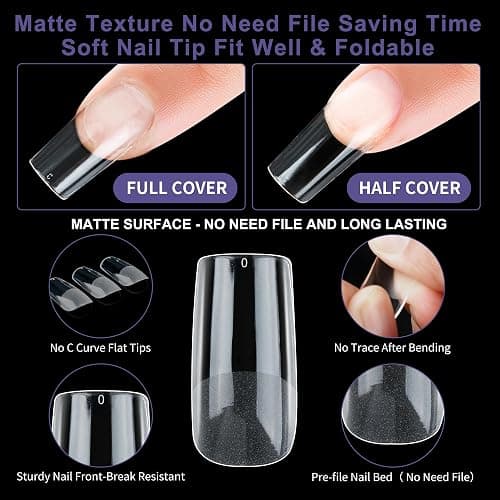 Half Matte Medium Square Fake Nail Tips, Soft Gel Pre-Shaped Nail Tips, Full Cover False Nails with Clear Box for Nail Salons and DIY Nail Art, 600PCS/12 Sizes thumbnail 3