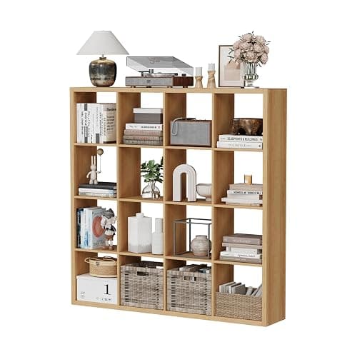 Jpiziso 16-Cube Storage Organizer Bookcase, Thick Frame Wood Grain Storage Shelf, Rectangular Cube Open Back Display Unit, 48.8x9.4x48.8 Inches for Living Room, Bedroom, Home Office, Natural Wood thumbnail 9
