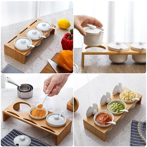 MyGift 10 Pcs Sauce Serving Dish, Hosting Party Essentials Host Gift, 3 Ceramic Ramekin Chip Dip Bowls with Lids & Spoons, Premium Bamboo Server Tray, Condiment Pot Entertaining thumbnail 8