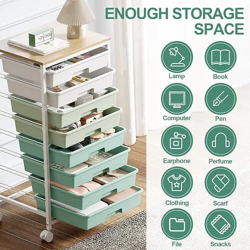 Storage Cart with 8 Drawers, Utility Cart with White Drawers and Wooden Tabletop, Craft Cart, Teacher Organization for Classroom, Storage Furniture, Office Organization, Green thumbnail 8