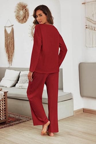 Ekouaer Women's Waffle Knit Pajama Sets Comfy Long Sleeve Lounge Sets 2 Piece Matching Pj Sets with Pockets thumbnail 3