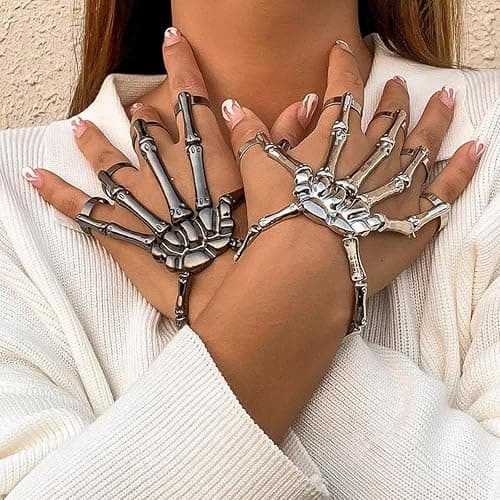 Taichell Skeleton Hand Bracelet Halloween Jewelry Decoration Skull Skeleton Hands with Snake Full Finger Rings for Women Men Punk Goth Bracelets Rings Jewelry Halloween Cosplay thumbnail 6