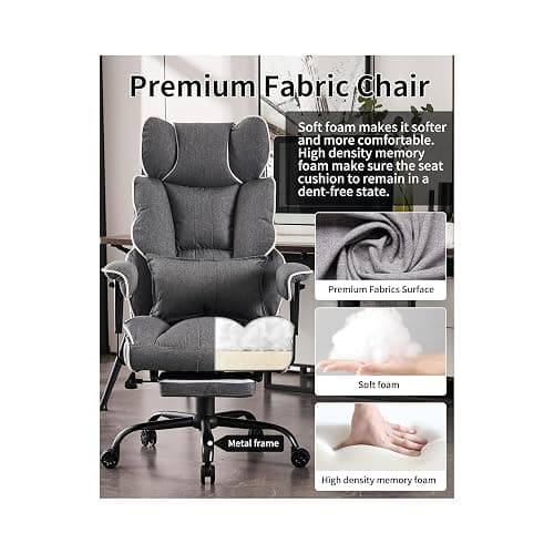Efomao Fabric Office Chair, Big and Tall Office Chair 400 lb Weight Capacity, High Back Executive Office Chair with Foot Rest, Ergonomic Office Chair for Back Pain Relief, Gray thumbnail 5