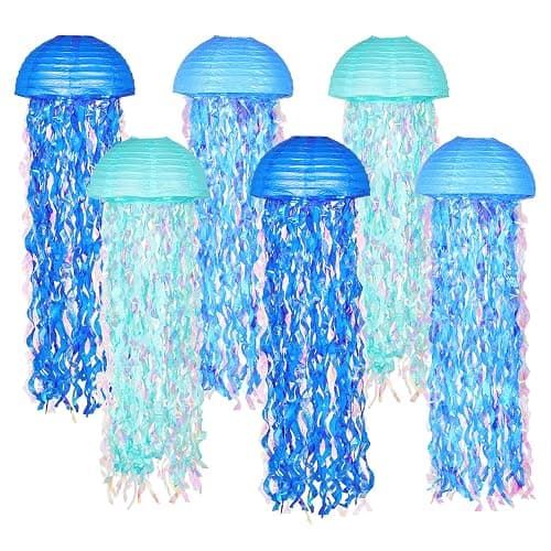 OBXT 10" Blue Hanging Jellyfish Paper Lanterns - Under The Sea Party & Mermaid Birthday Decorations, Baby Shower, Nautical Events, Ocean Theme Classroom & Beach Room Decor (Set of 6) - Gradient Blue B - Image 1