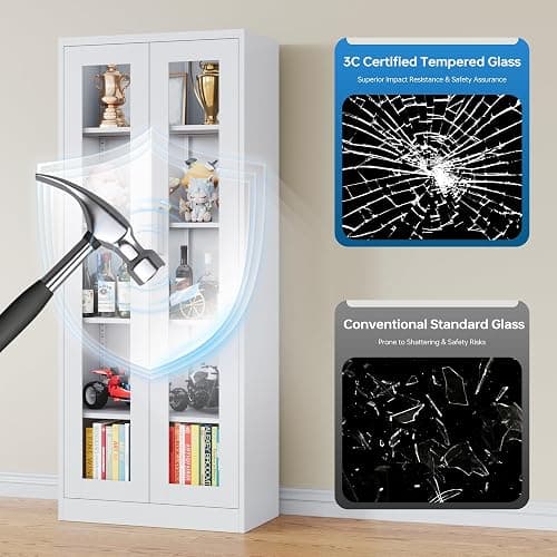 PEUKC Display Storage Cabinet with Glass Door, 67 Inches Metal Curio Cabinet with 4 Adjustable Shelves, HD&Tempered Glass Display Case for Home, Office, Clinic, Pantry, Assemble Required (White) thumbnail 7