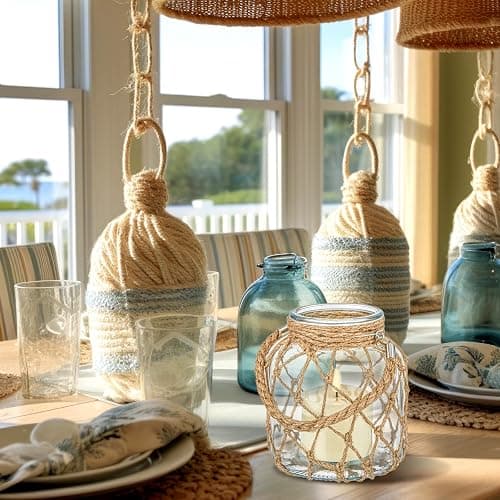 Blushtier 2 Set Nautical Candle Lantern with Rope Handle Coastal Glass Jar Battery Operated LED Flameless Lantern for Room Party Sea Beach House Table Centerpieces Decoration 5.5" x 5.5" x 6.3" thumbnail 2