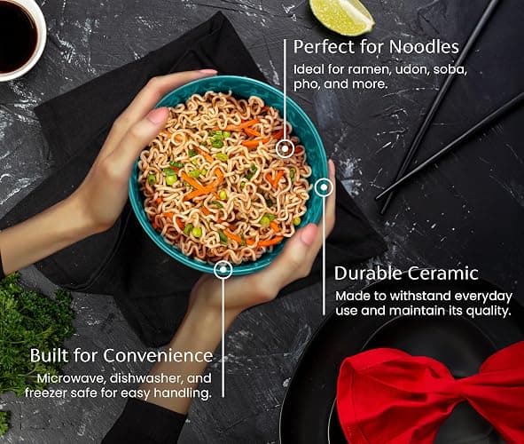 KooK Ramen Bowl, Japanese Bowls, Noodle Bowls, Large Soup Bowl, Ceramic, Large Capacity, For Ramen, Pho, Udon, Soba, Microwave and Dishwasher Safe, 34 oz, Set of 4 (Black/Teal) thumbnail 5